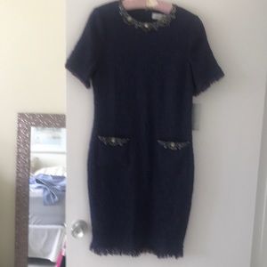 RickieFreeman dress. Size 12. Navy red jeweled neck/pockets. Lined. Never worn.